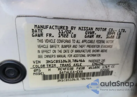 2003 Nissan Sentra Xe z USA, uszkodzony, nr VIN 3N1CB51D63L786466